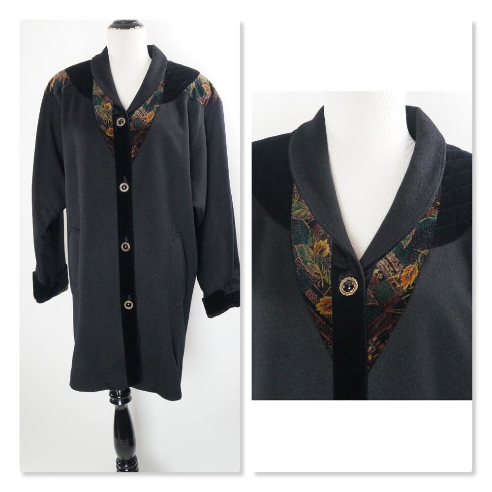 Vintage 80s Coat, Floral collar, Wool, Velvet Accents